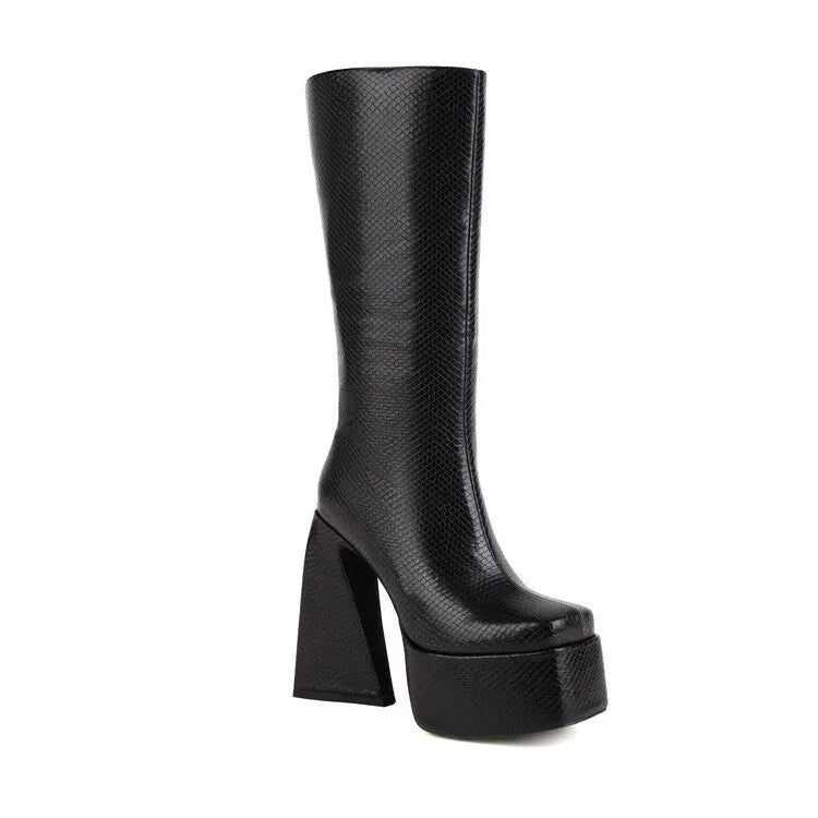 Women's black casual high boots with a PU leather upper, shown alongside red, blue, and white colour variants.