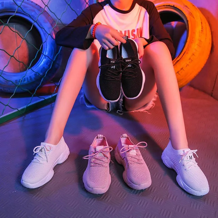 Women's white thick-soled flywoven sports shoes with front strap and round toe