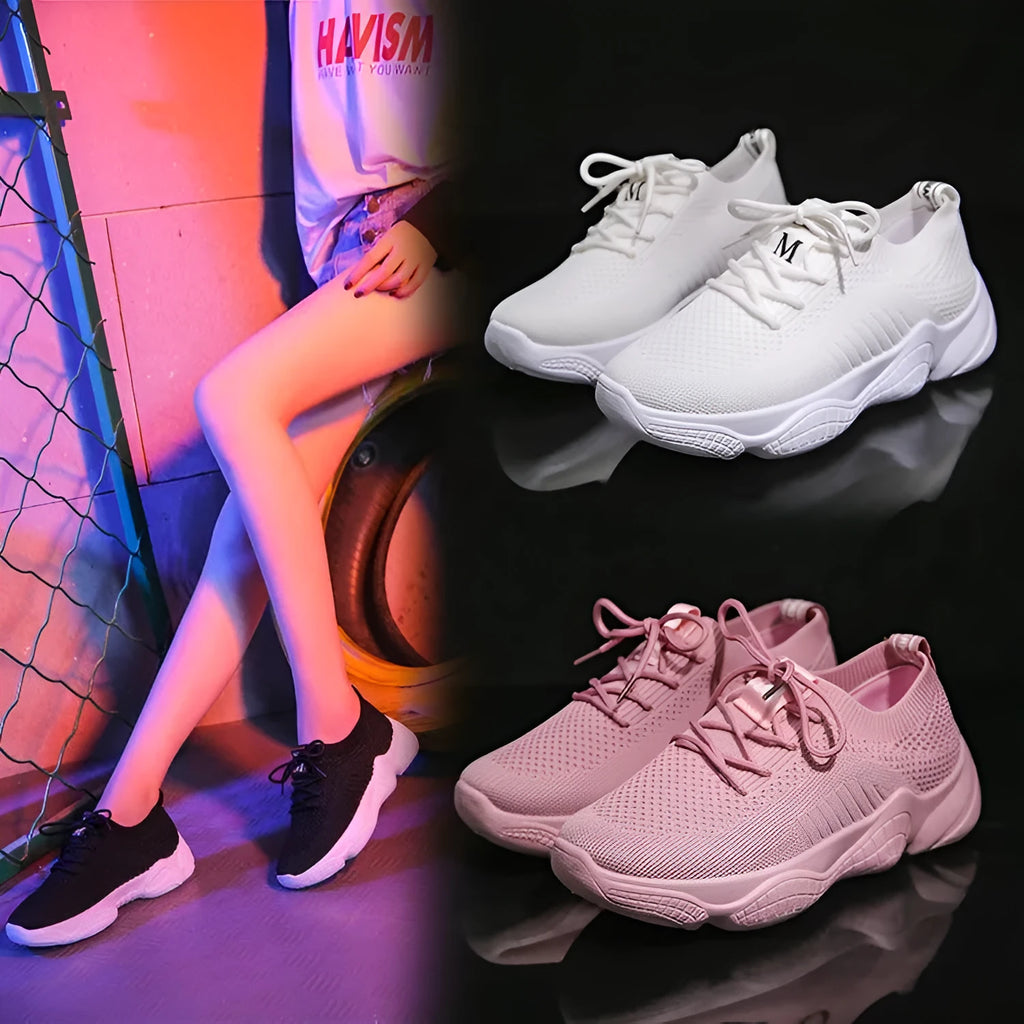Women's white thick-soled flywoven sports shoes with front strap and round toe