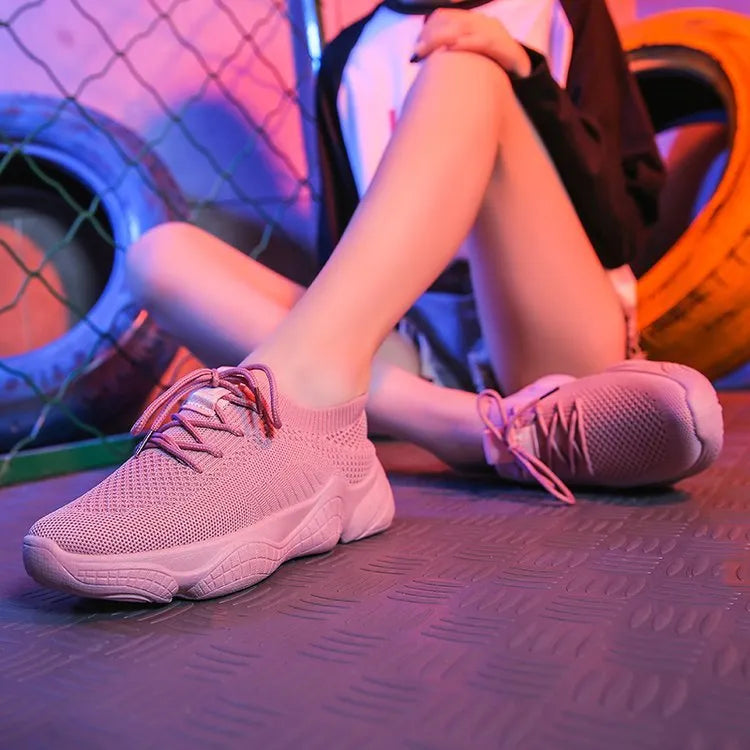 Women's white thick-soled flywoven sports shoes with front strap and round toe