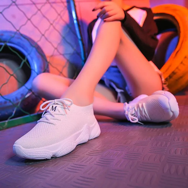 Women's white thick-soled flywoven sports shoes with front strap and round toe