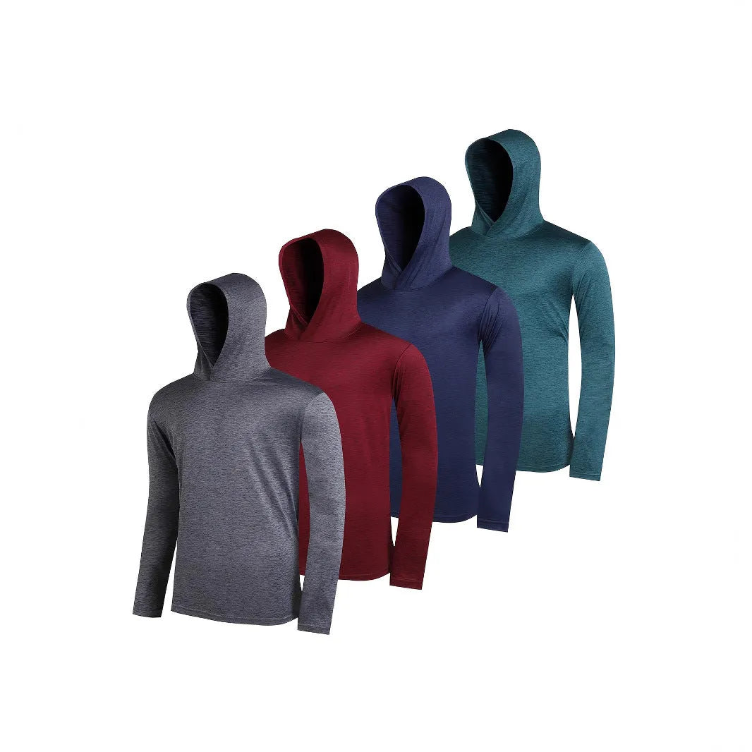 Four men's lightweight hoodies folded, showing elastic polyester fabric in a solid colour.