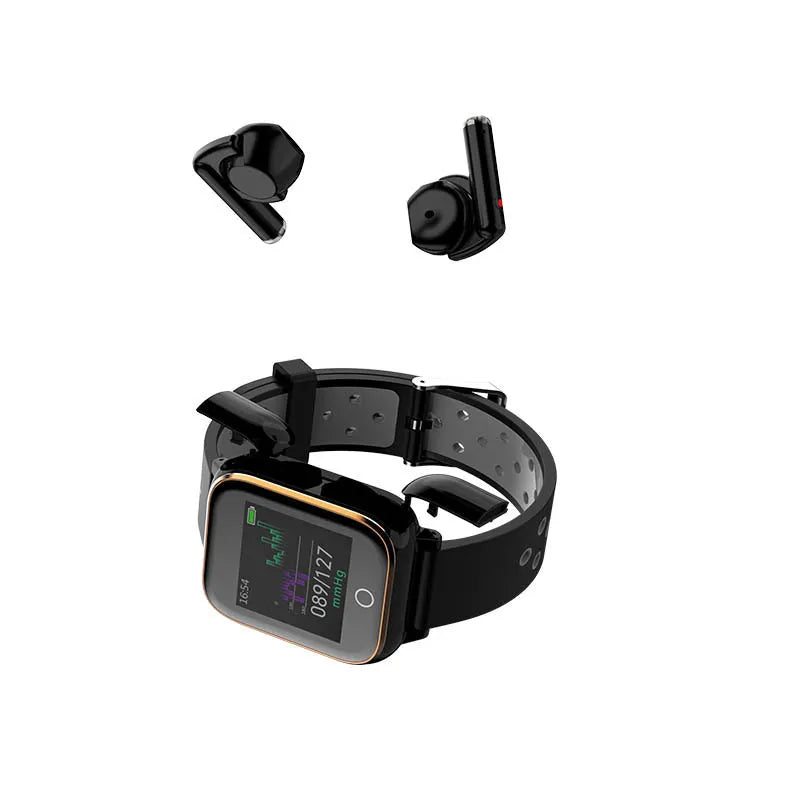 Black smart watch with integrated Bluetooth earphones showing heart rate display on 1.4-inch screen