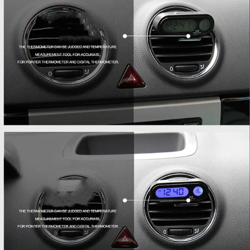 Black electronic car clock thermometer with luminous LED display showing time and temperature