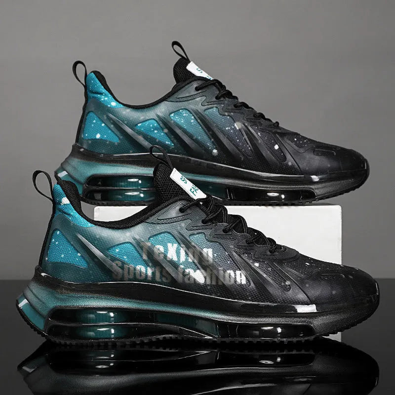 Men's black and green platform sneakers with mesh upper, rubber sole, and lace-up front.