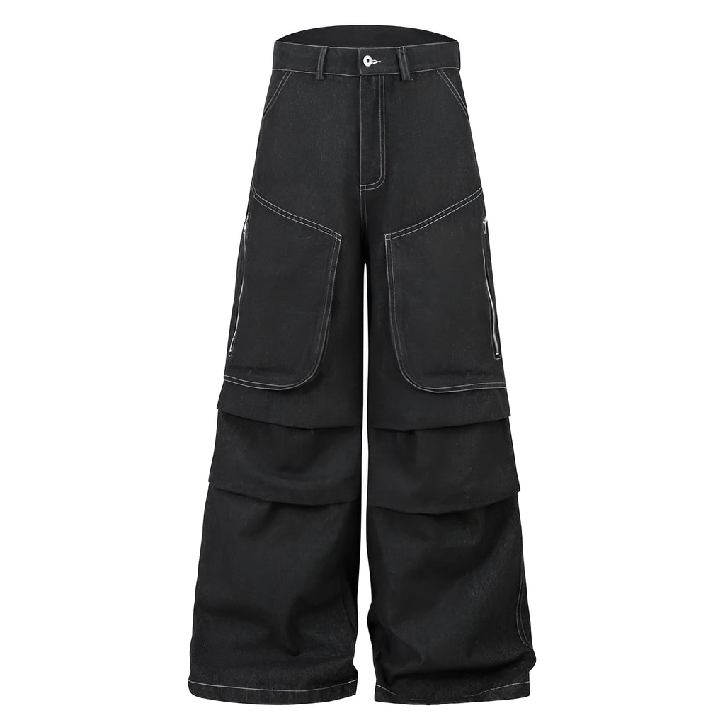 Black multi-pocket pleated denim workwear jeans for teenagers front view