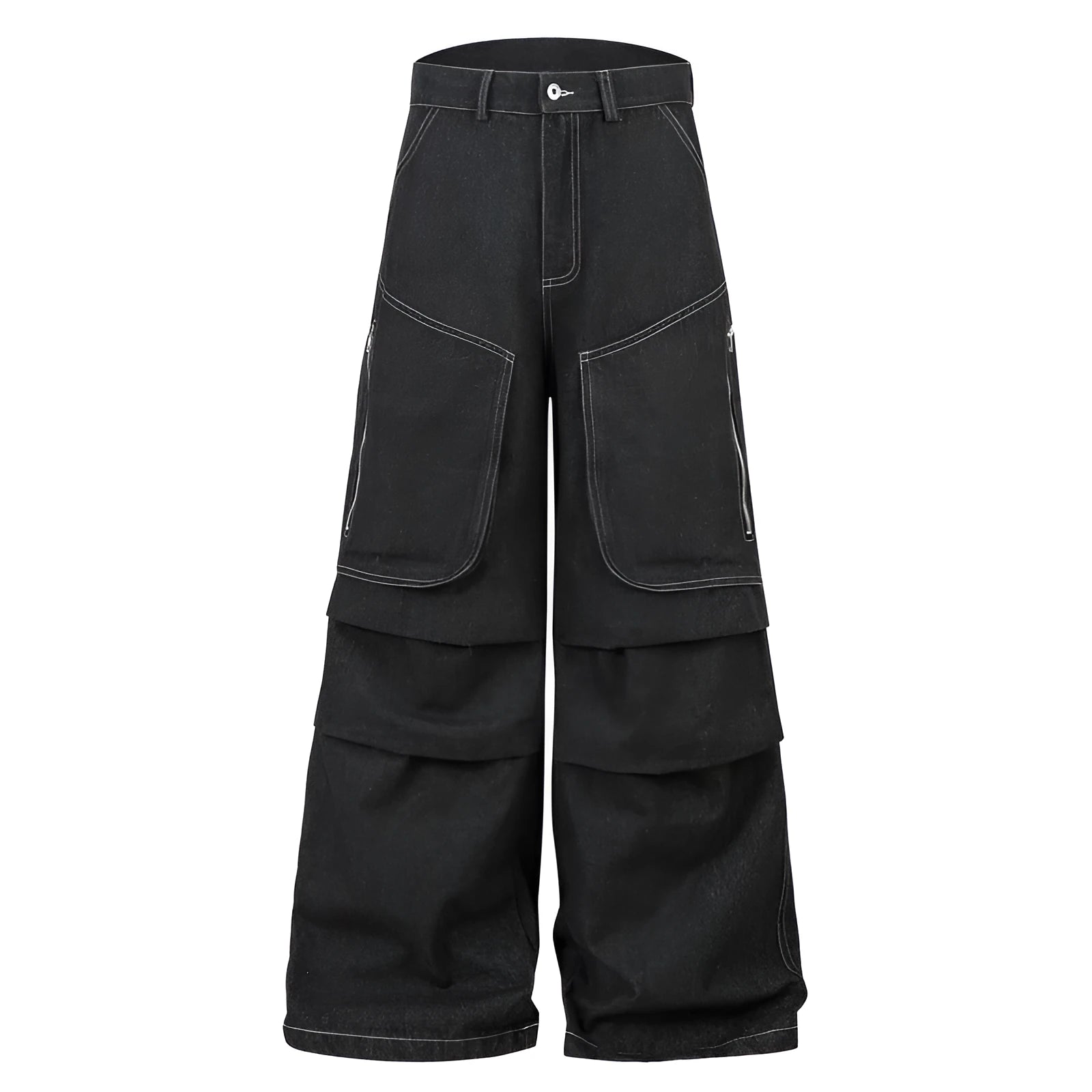 Black multi-pocket pleated denim workwear jeans for teenagers front view