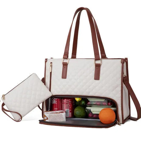Quilted lunch tote bag for women with thermal insulation, laptop compartment, matching wallet, in black, front view