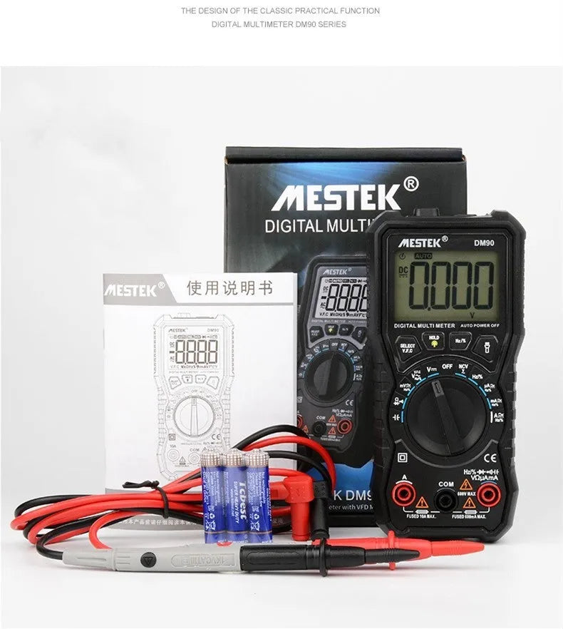 DM90A digital multimeter with display showing readings, test leads, and thermocouple probe on a workbench.