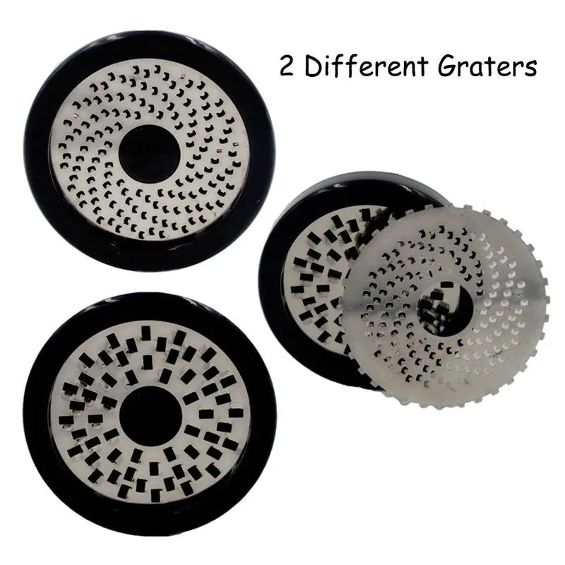 Stainless steel rotary cheese grater mill with two blades, 17 x 7.3cm, black and white finish