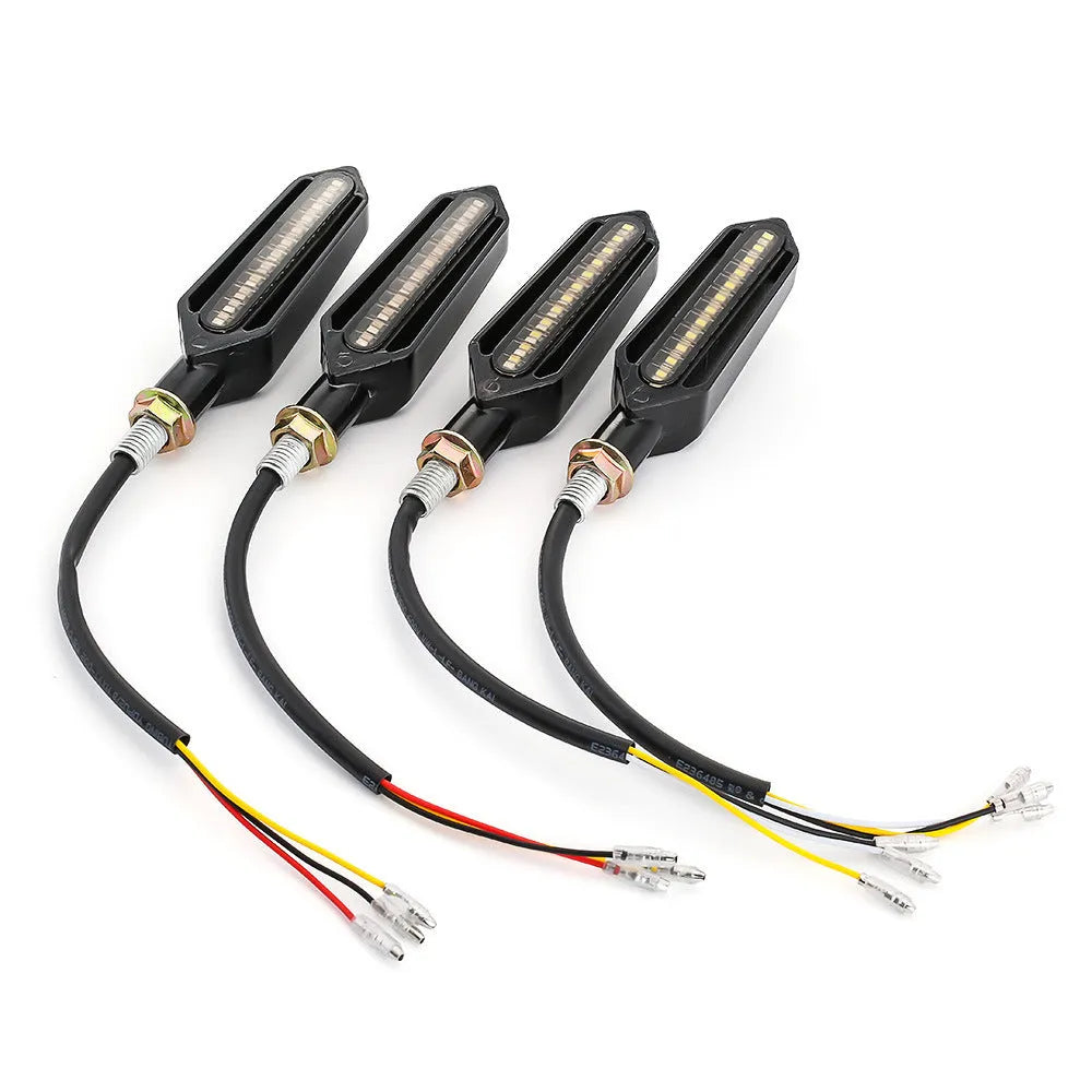 Set of four motorcycle turn signal lights with word streamer mode, 10mm bolt mount, blister card packaging