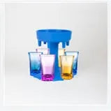 6-port wine dispenser with funnel and six cups in blue, grey, and pink colour options
