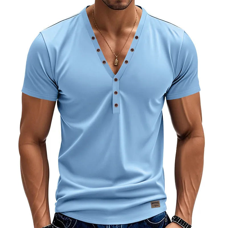 Men's loose fit V-neck pullover top with button design in chemical fibre blend fabric