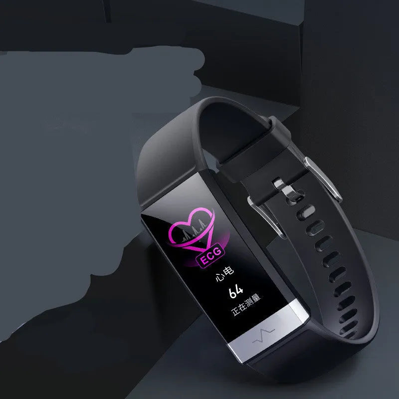 V19 smart bracelet in black, blue, or red with a TPU strap and display showing health metrics.