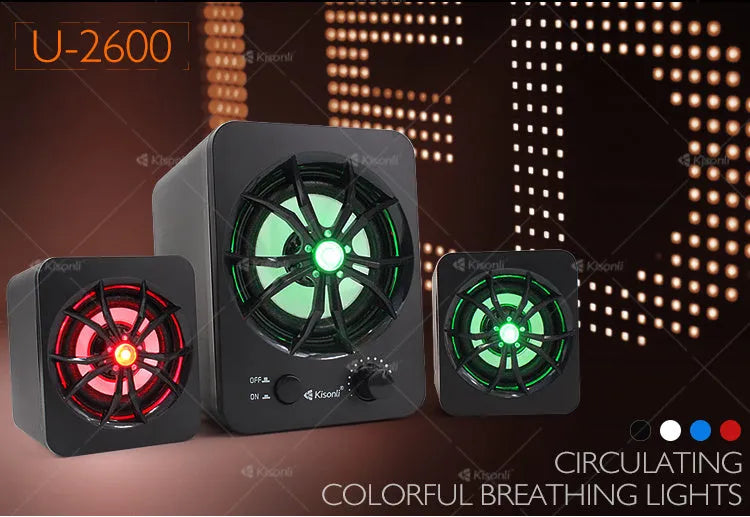 Green 2.1 USB computer speaker with colourful glowing lights and 150 cm cable for PC and mobile phone