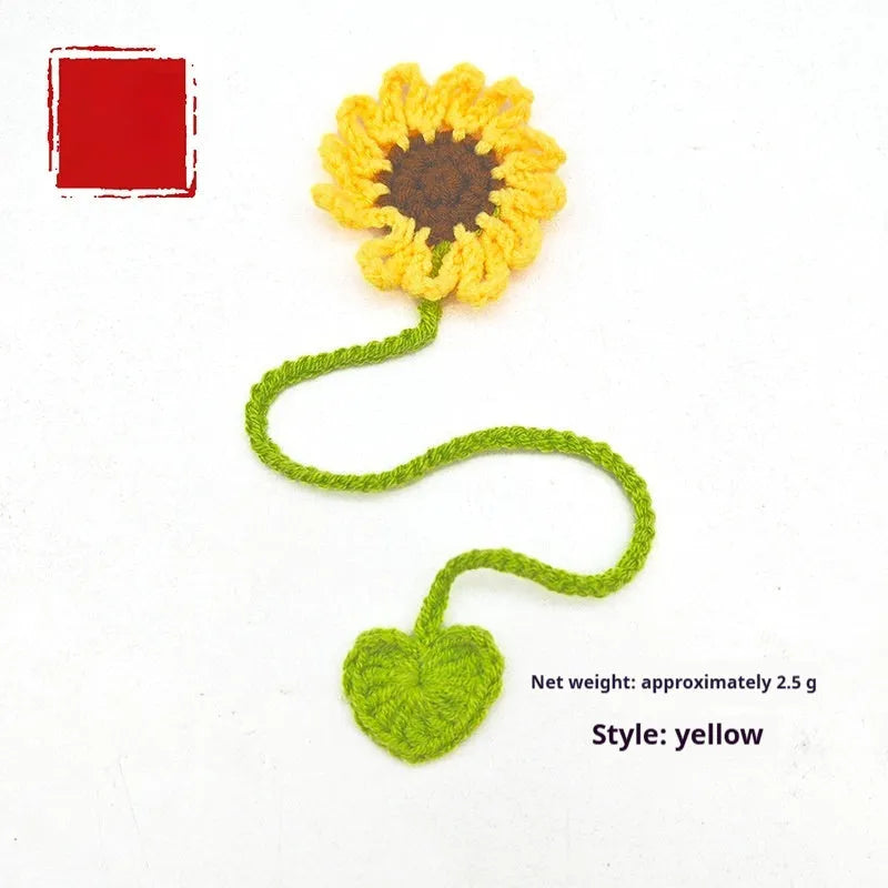 Hand-crocheted wool bookmark with Little Daisy design on flexible wire in yellow colour