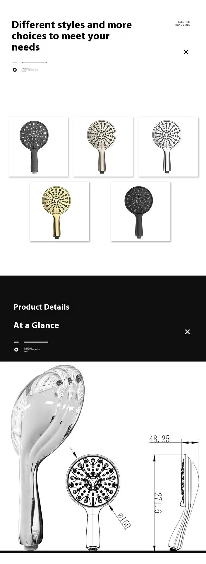 Chrome electroplated handheld shower head with six-function spray selector