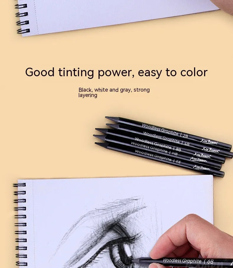 Wood-free graphite art sketching pencils six-piece set with graded hardness options
