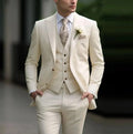 Men's solid colour slim fit three-piece suit set with coat, vest, and trousers in beige