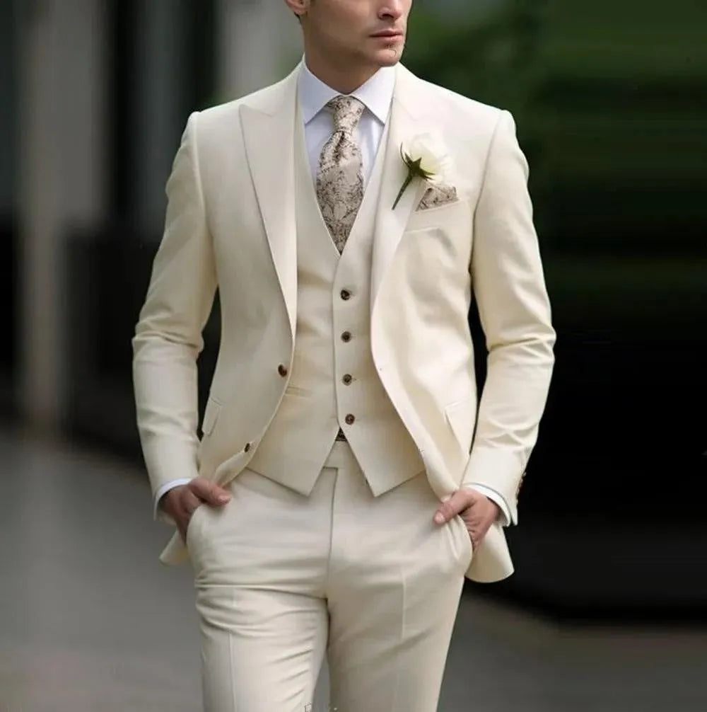 Men's solid colour slim fit three-piece suit set with coat, vest, and trousers in beige