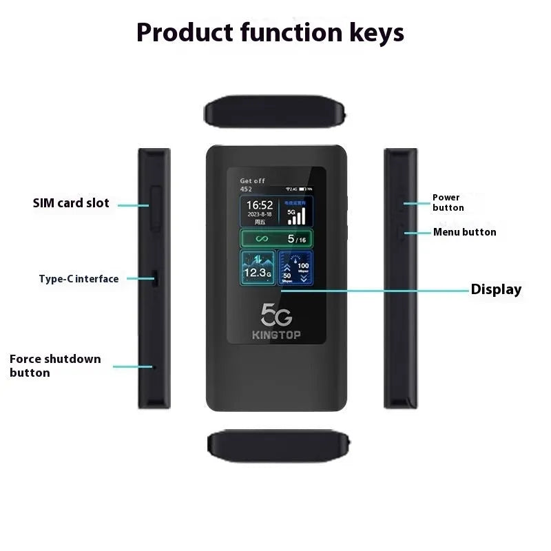 Black 5G portable Wi-Fi router with LCD screen, showing dimensions 125mm x 70mm x 17mm