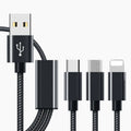 Three-in-one mobile phone charging cable with micro USB, USB-C and Lightning connectors on 1.2 metre cord