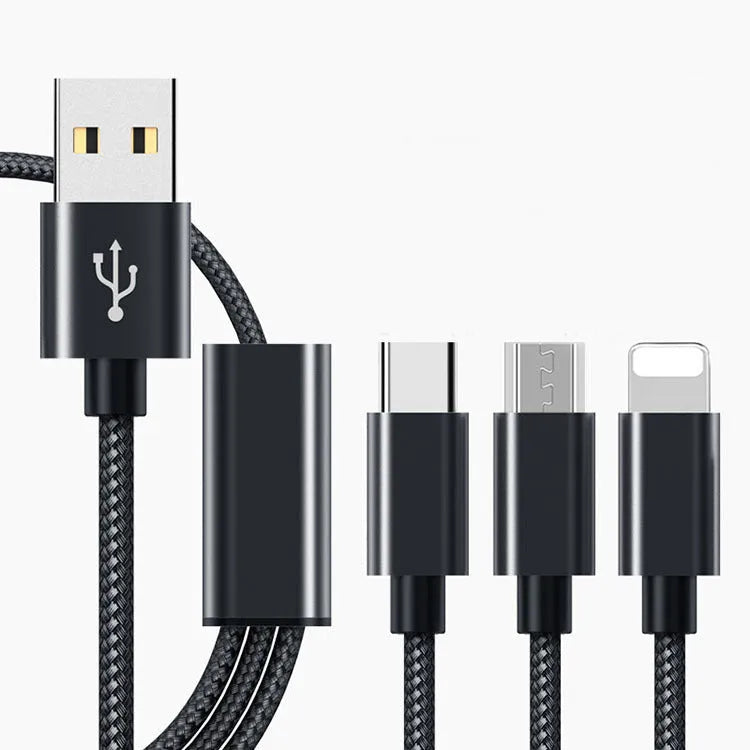 Three-in-one mobile phone charging cable with micro USB, USB-C and Lightning connectors on 1.2 metre cord