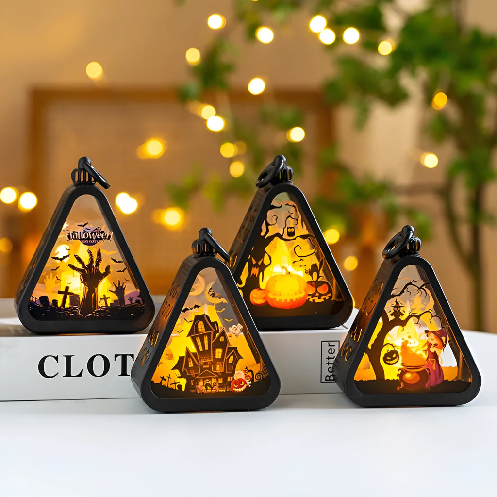 Halloween pumpkin lamp decoration in castle theme measuring 8.9cm tall