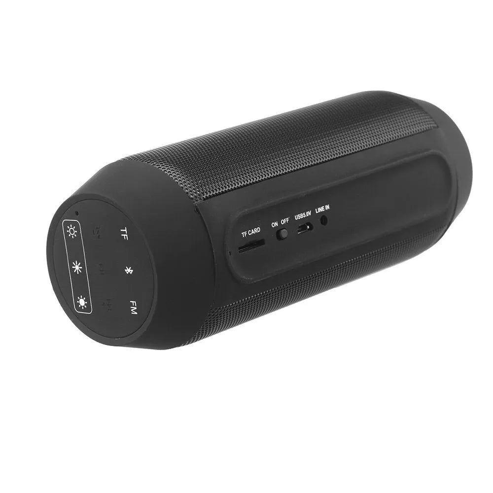 Mini black and white Bluetooth speaker with multicolour LED lights showing 360° sound design
