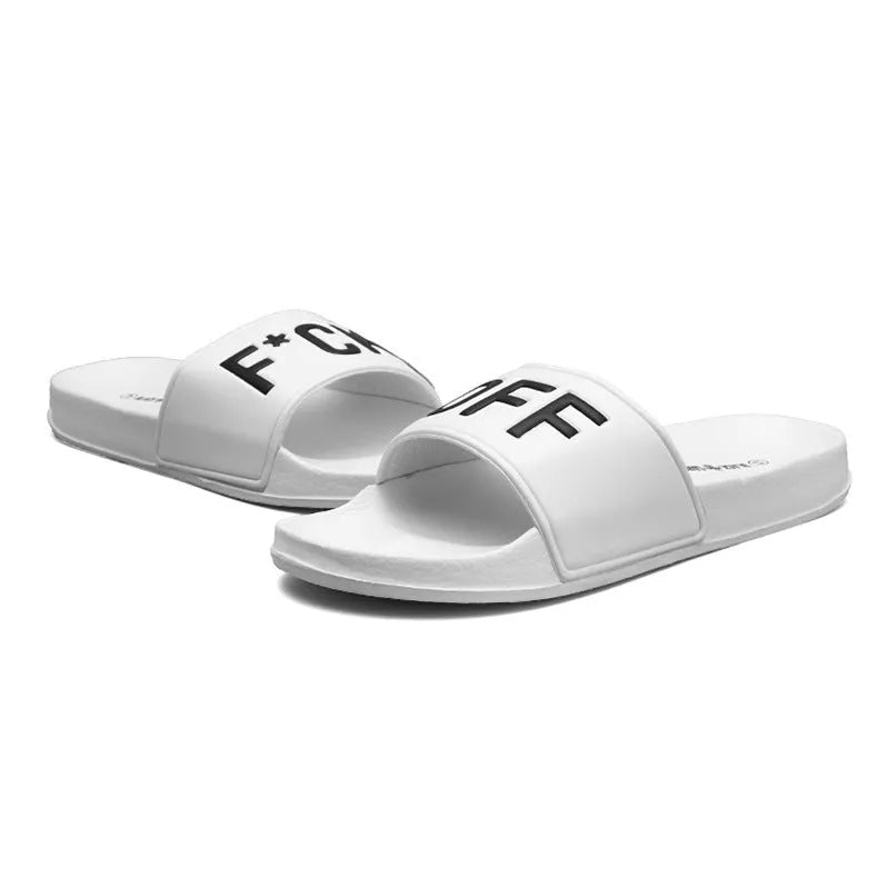 Men's black and white open toe slippers with a rubber sole, shown in large sizes.
