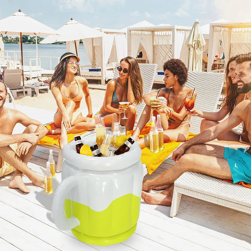 Yellow inflatable PVC ice bucket designed for beer steins cooling at outdoor events