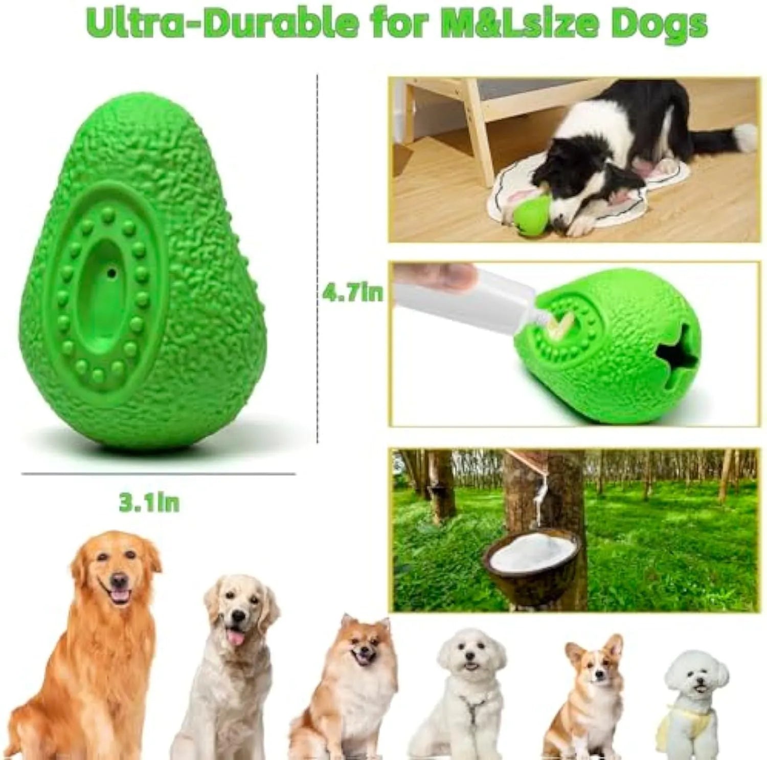 Green natural rubber dog chew toy with textured avocado design for aggressive chewers