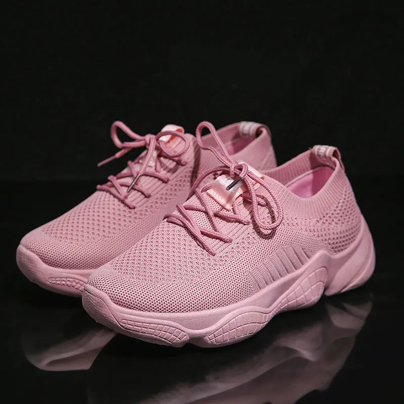 Women's white thick-soled flywoven sports shoes with front strap and round toe