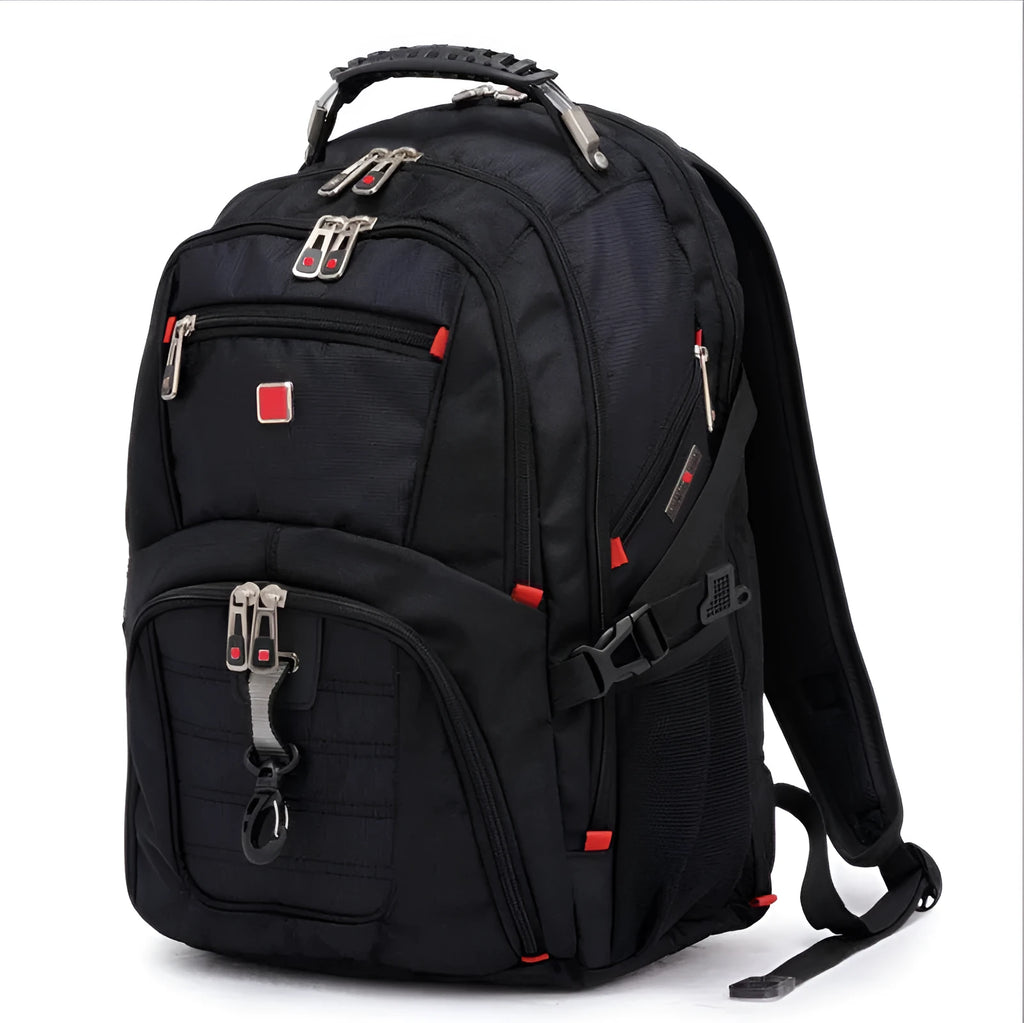 Black business backpack open to show three internal compartments and laptop sleeve