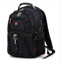 Black business backpack open to show three internal compartments and laptop sleeve