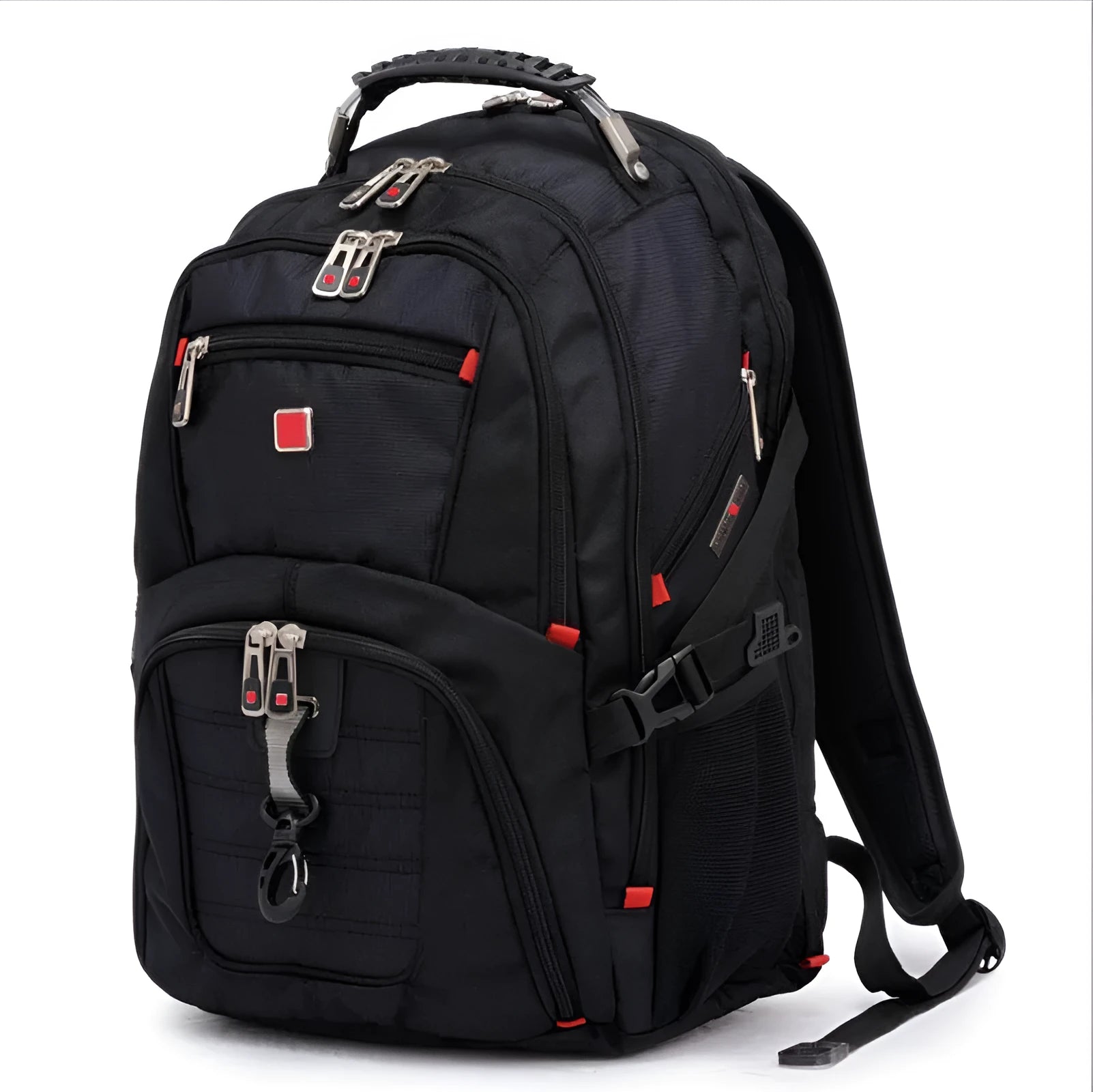 Black business backpack open to show three internal compartments and laptop sleeve