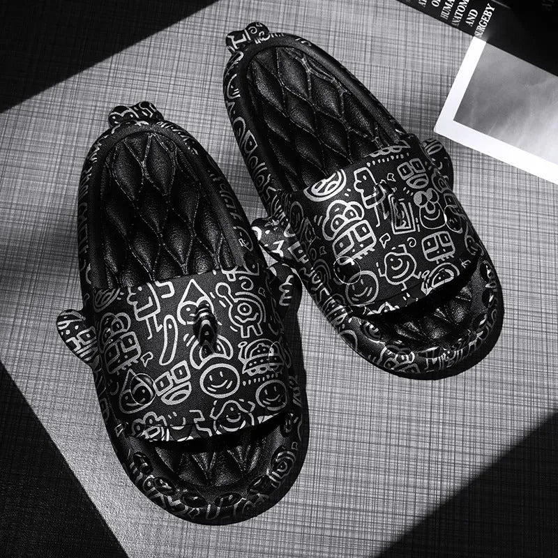 Cute shark graphic EVA open-toe home slippers for adults on a white background.