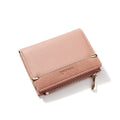 Black PU leather ladies wallet open to show multiple card slots, a bill compartment, and a zippered section.