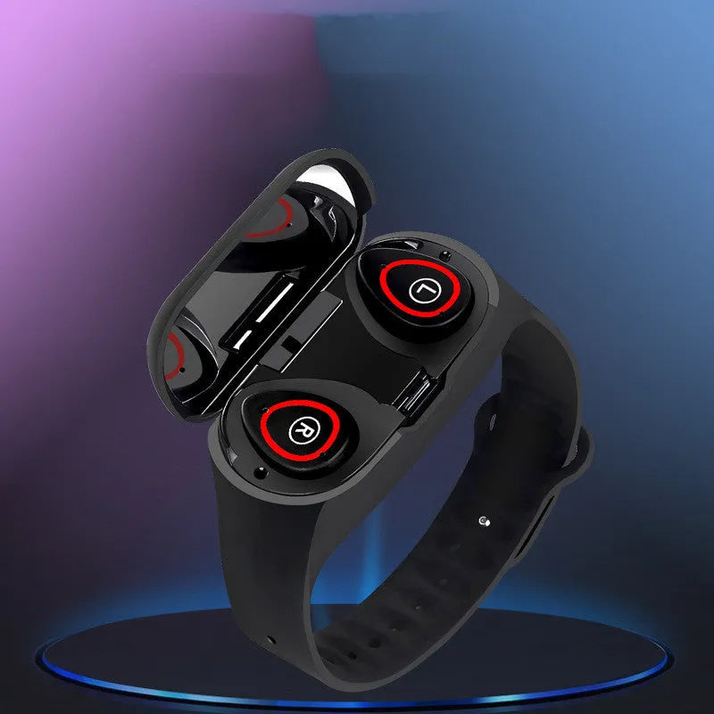 Smart bracelet with integrated wireless earphones in silicone wristband showing 1-inch screen