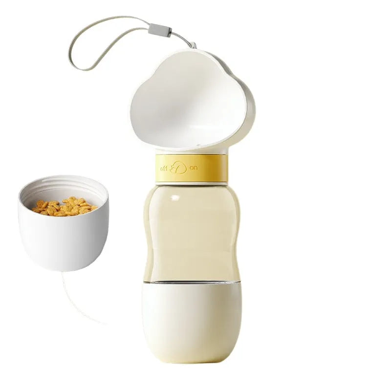 Portable dog water bottle with plastic body, rotary switch, and attached belt, showing water dispenser and bottom food container