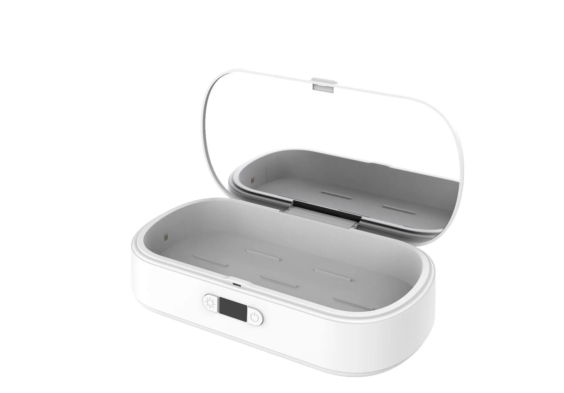 White portable UV steriliser box with wireless charging for phones and toothbrushes