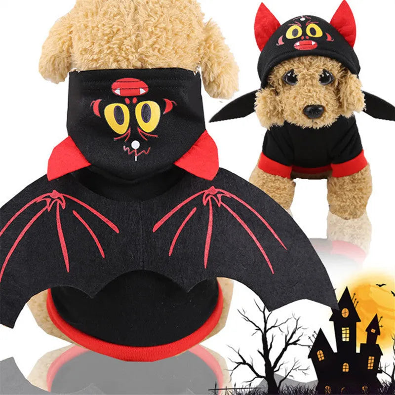 Halloween bat wings pet clothes sweater on dog with red and black wings, black fleece fabric, hooded two-legged style