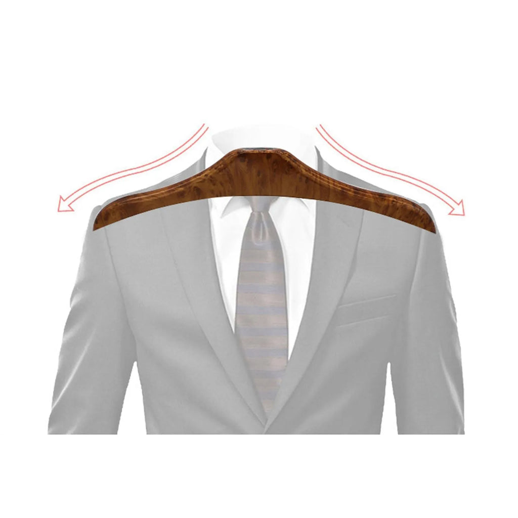 Wood yellow stainless steel car mounted clothes hanger for suits and coats on a chair back.