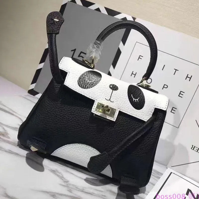 Panda print cow leather handbag in horizontal square shape with two size options