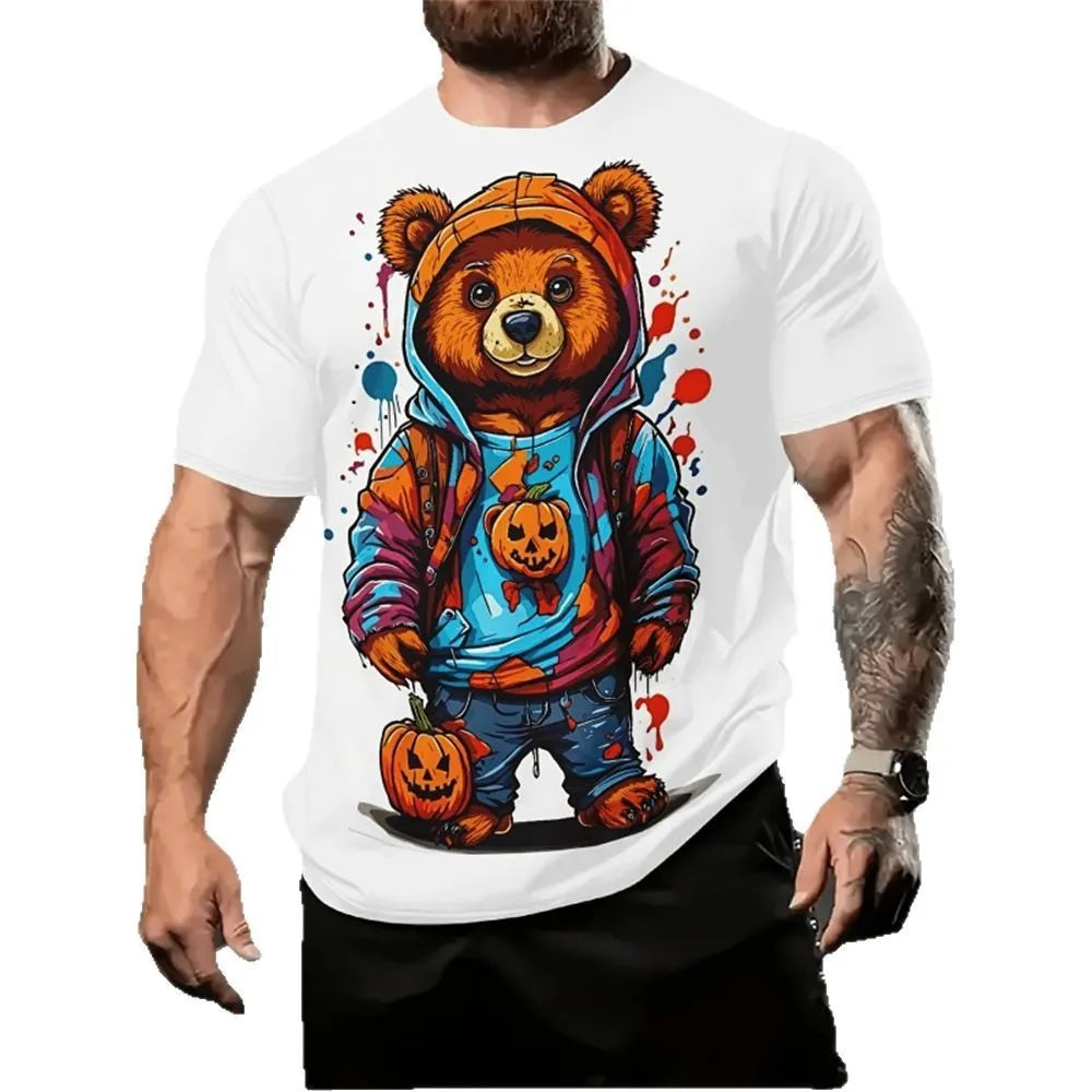 Men's loose fit casual T-shirt featuring a 3D printed cartoon pattern on the front.