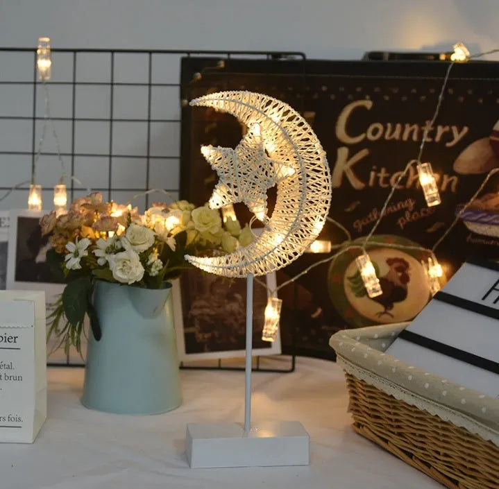 Rattan LED decorative lamp in star, heart or moon shape with warm white illumination