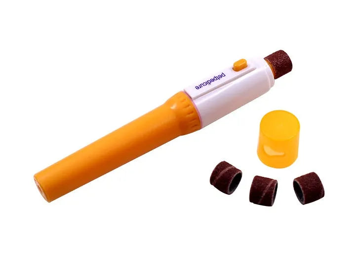 Yellow and white plastic electric pet nail grinder with three replaceable filing wheels and button