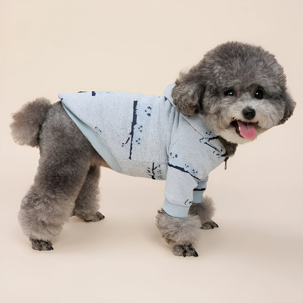Blue casual cotton dog sweater with zipper and dog pattern on coat