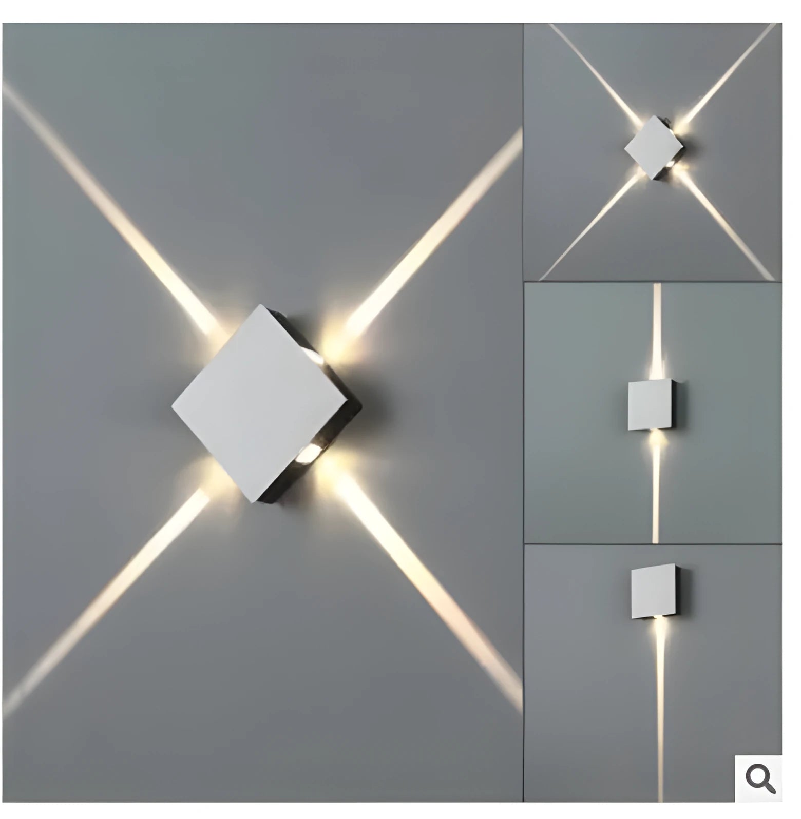 Modern square aluminium and iron LED wall light with warm white glow on a wall