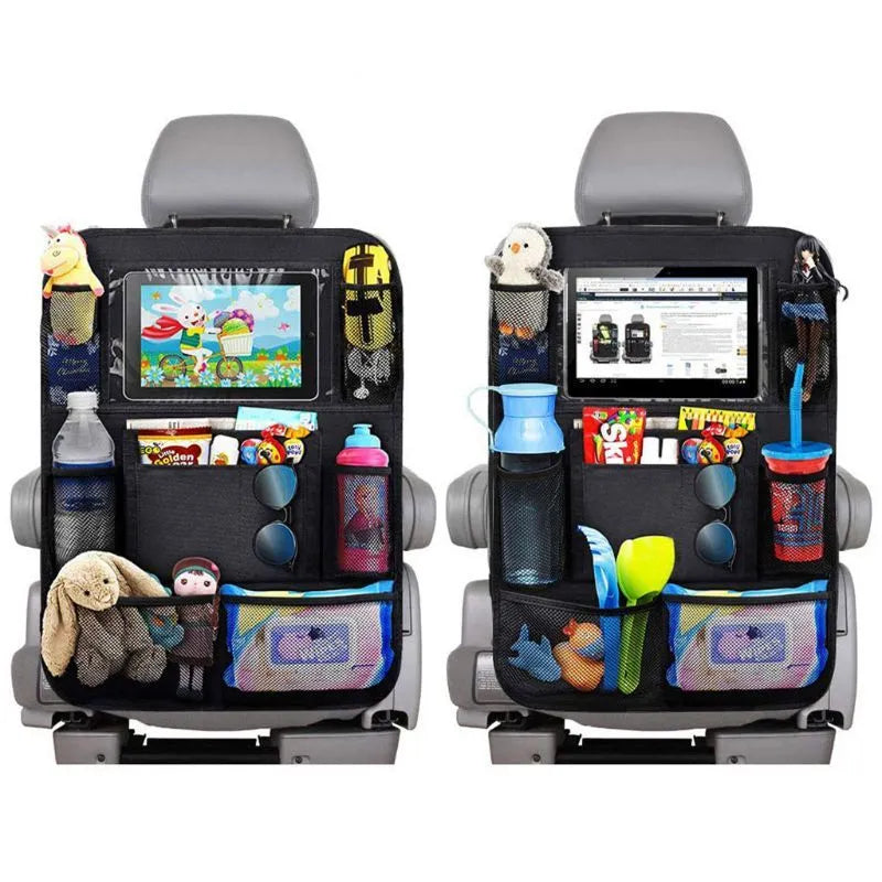 Black car storage bag made from Oxford fabric, measuring 61 cm by 41 cm, attached to a car seat back pocket
